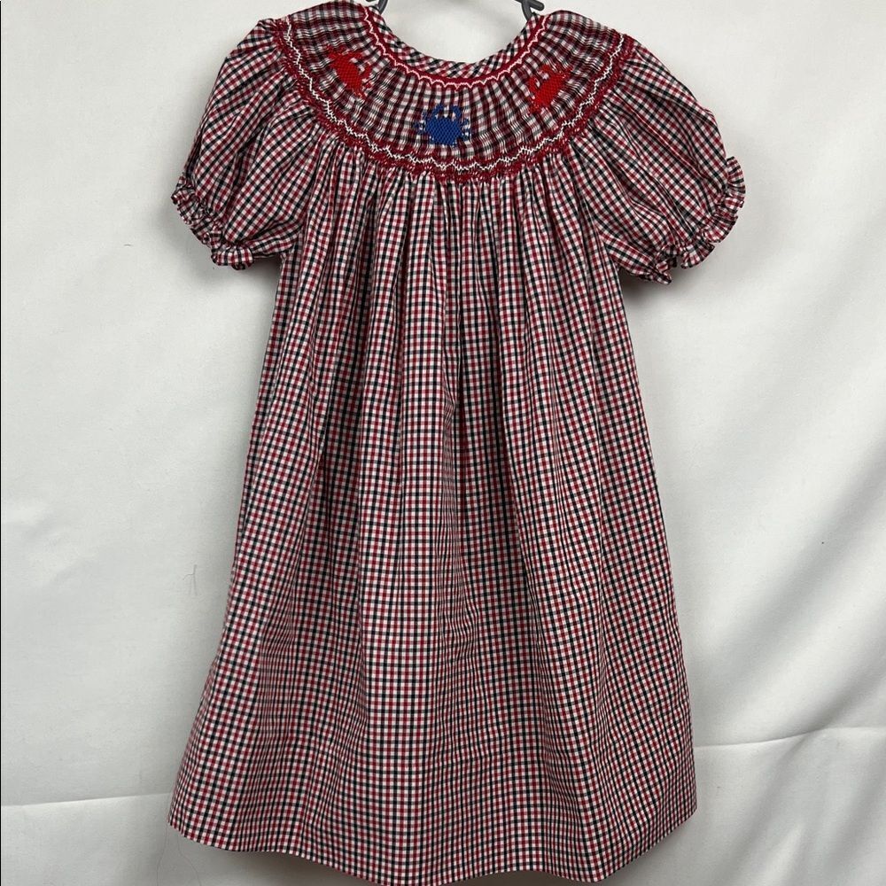 Rosalina Collections Red and blue smocked crab embroidered bishop dress size 3T